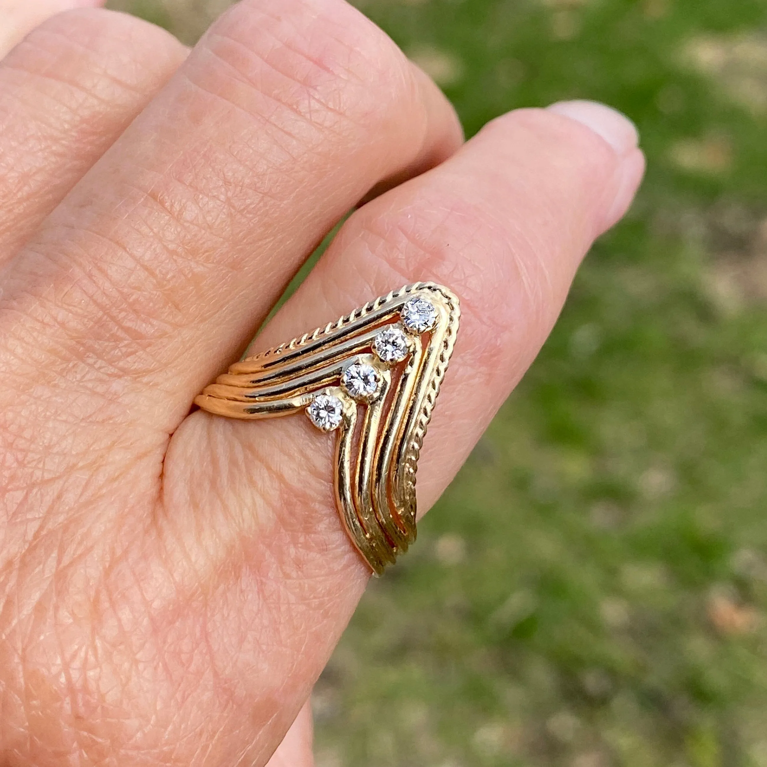 14K Gold Four Row Diamond Chevron Cocktail Ring