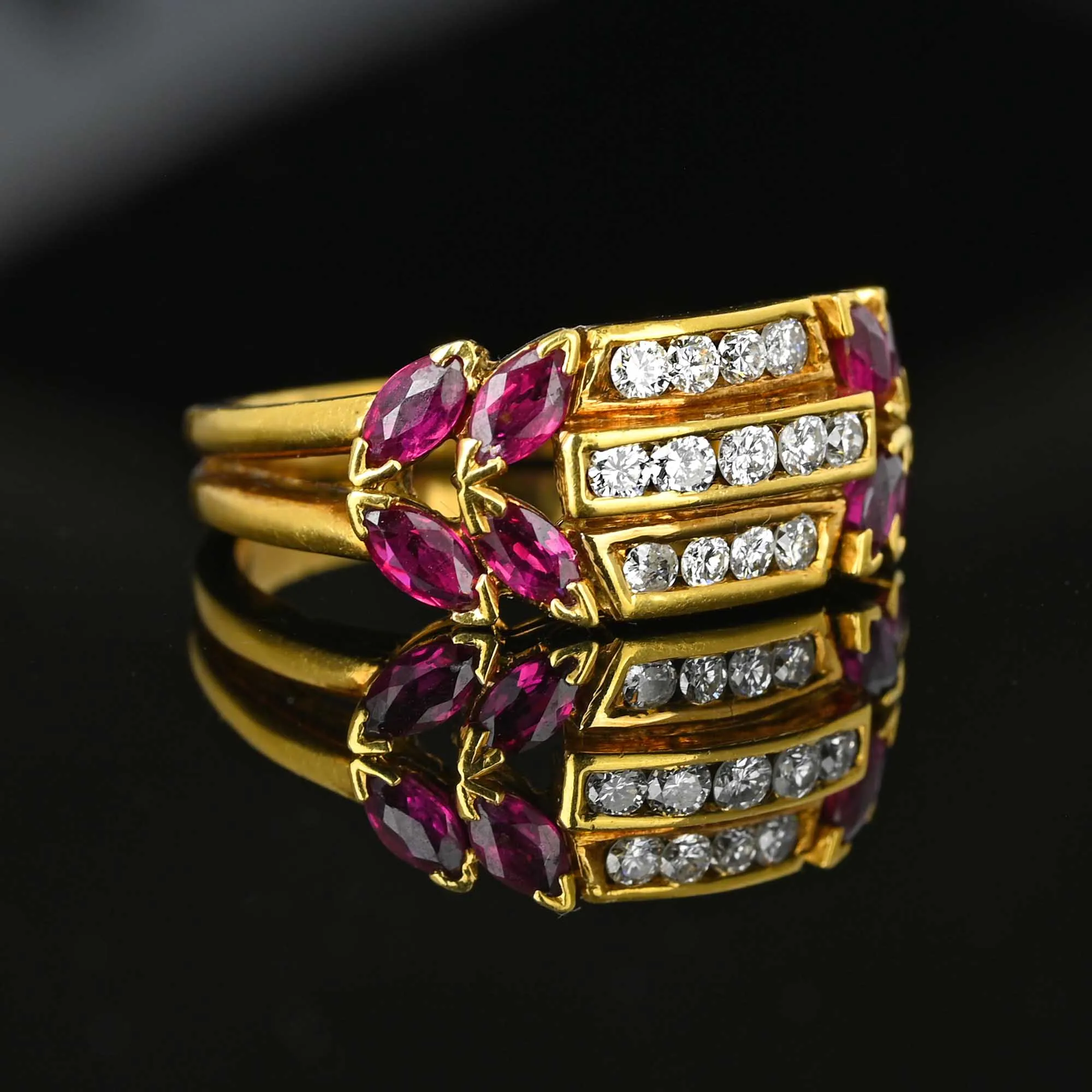 18K Gold Three Row Diamond Marquise Ruby Ring, 1940s