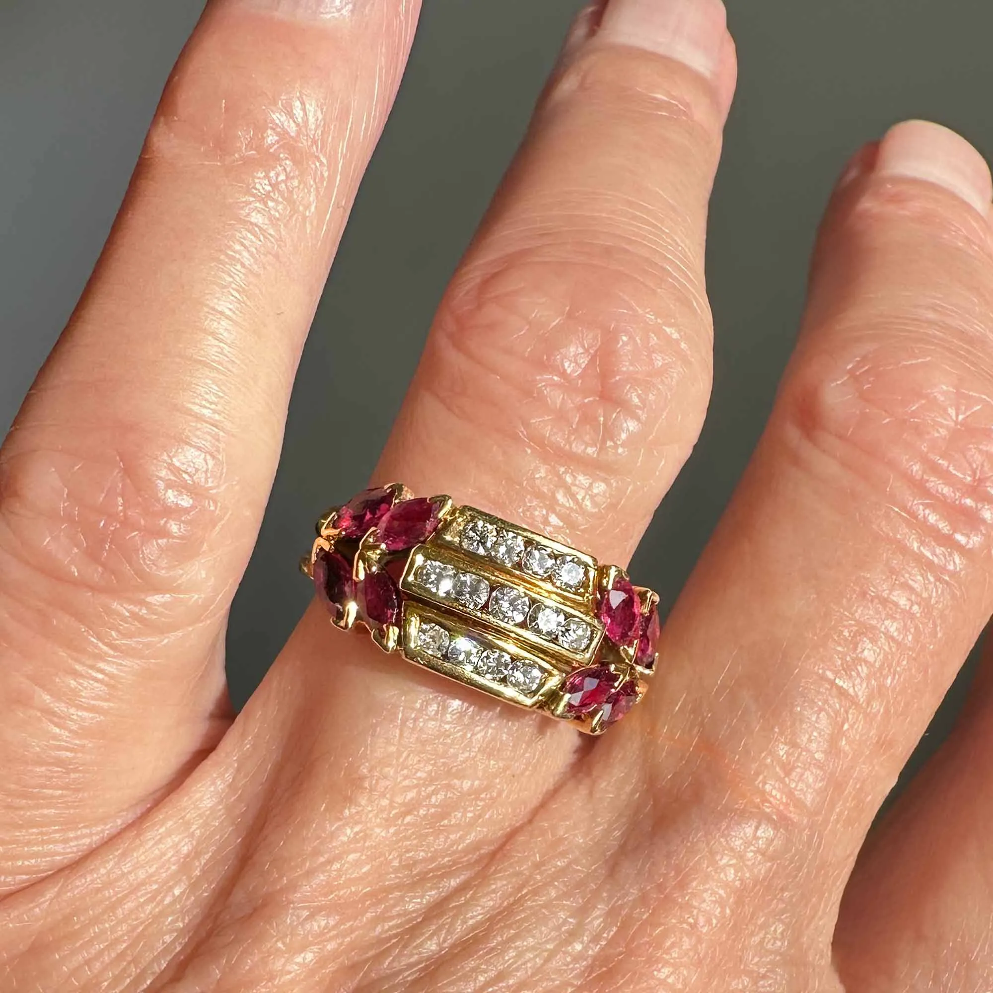 18K Gold Three Row Diamond Marquise Ruby Ring, 1940s