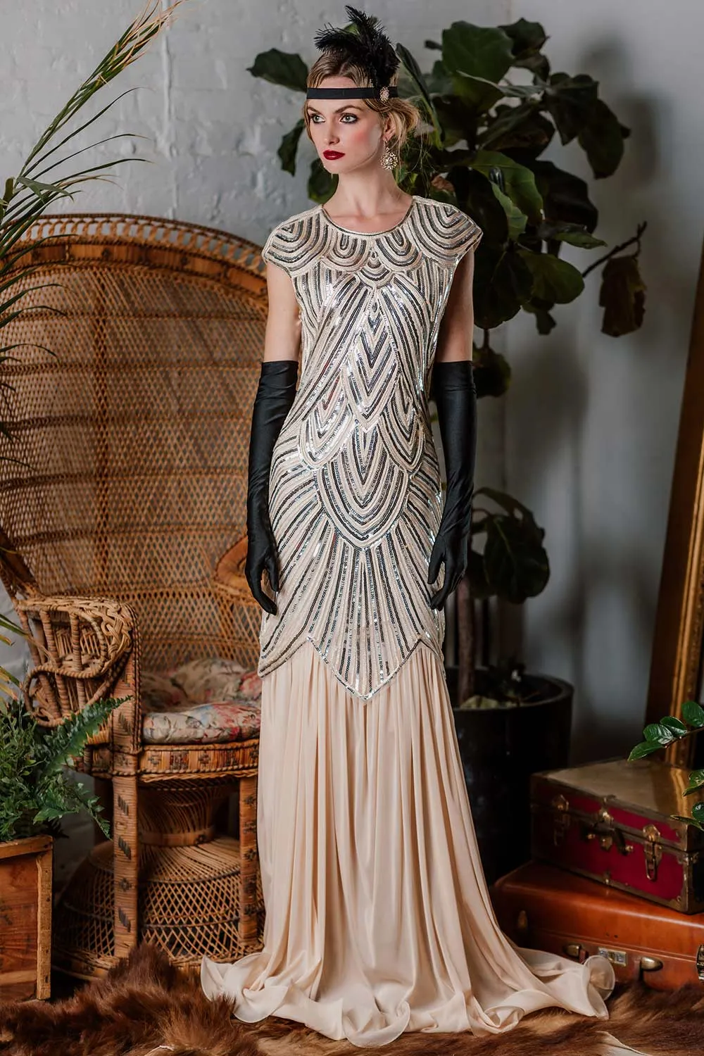 1920s Embroidery Sequin Maxi Dress