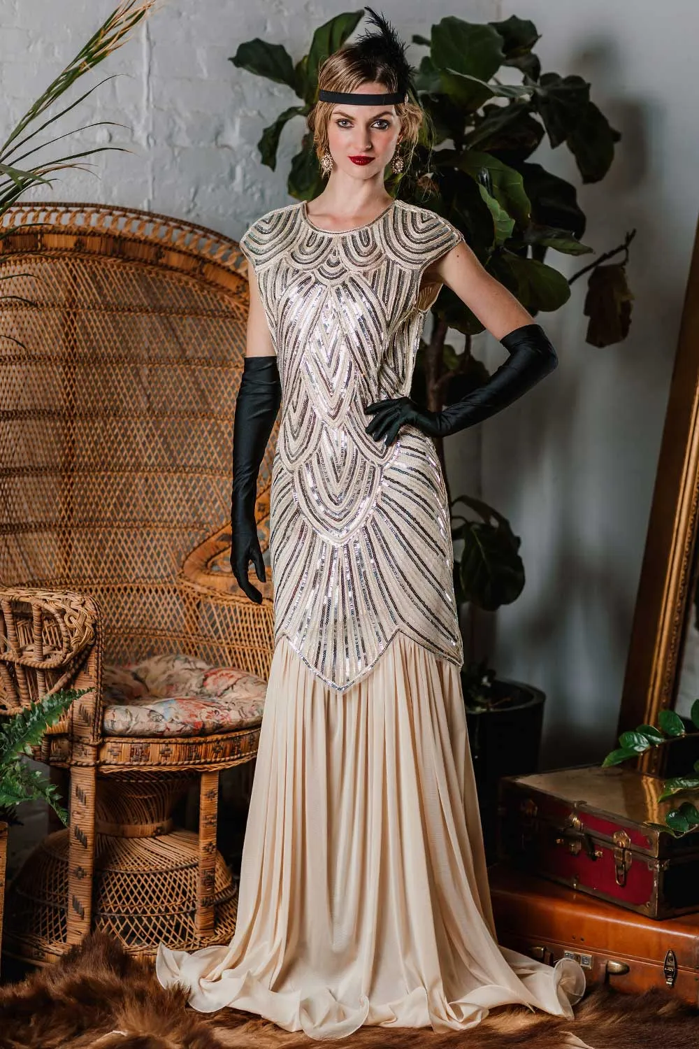 1920s Embroidery Sequin Maxi Dress