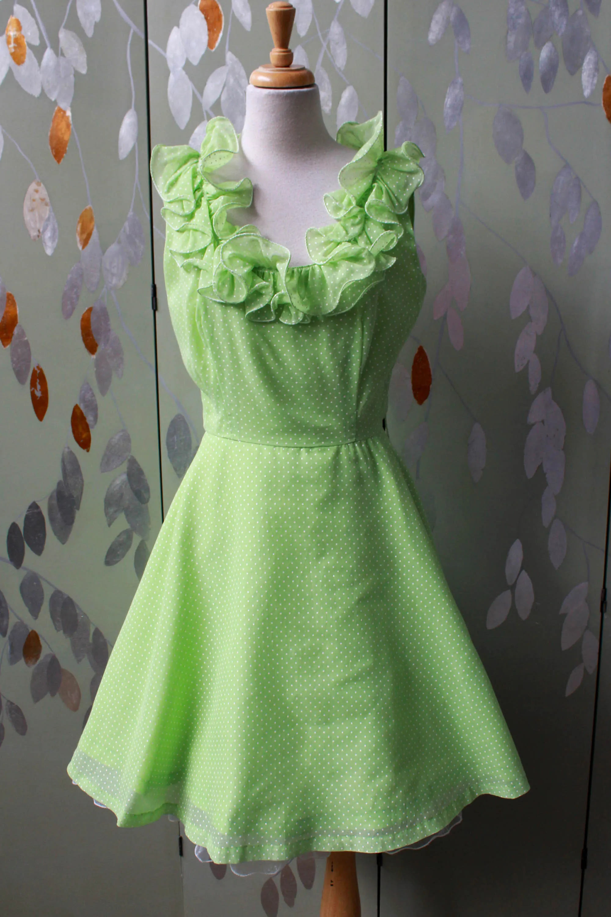 1960s Lime Green Polka Dot Dress, Small