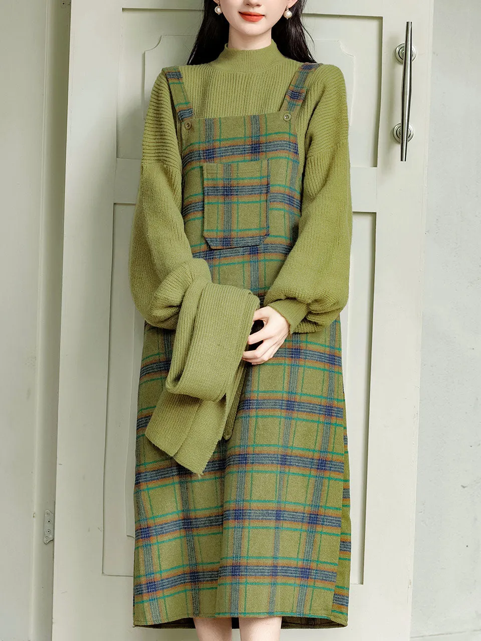 3PS Green Sweater With Plaid Suspender Corduroy Dress