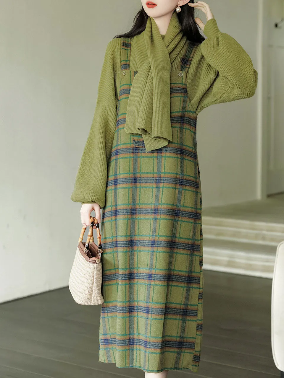 3PS Green Sweater With Plaid Suspender Corduroy Dress