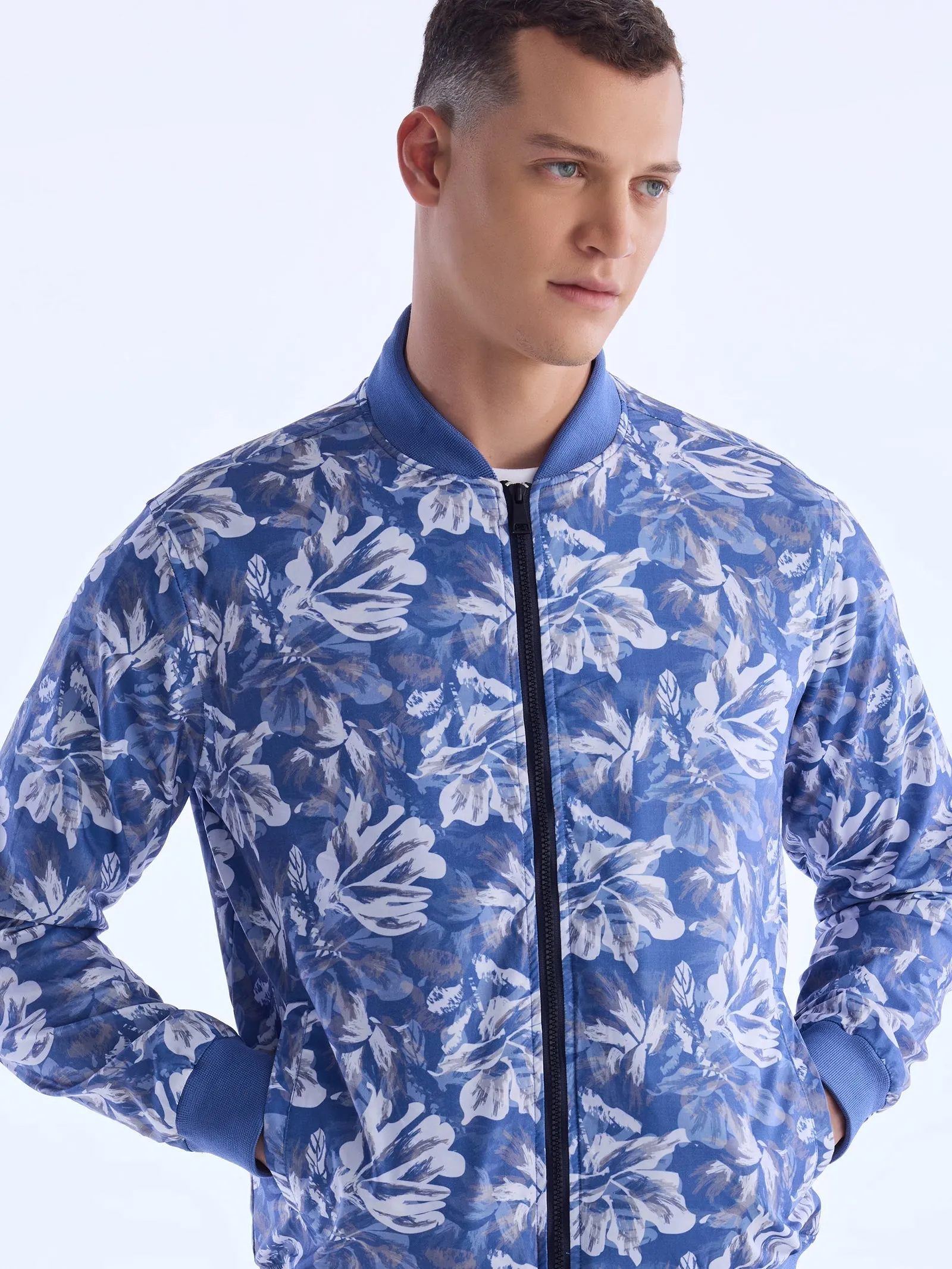 Blue Digital Printed Bomber Jacket