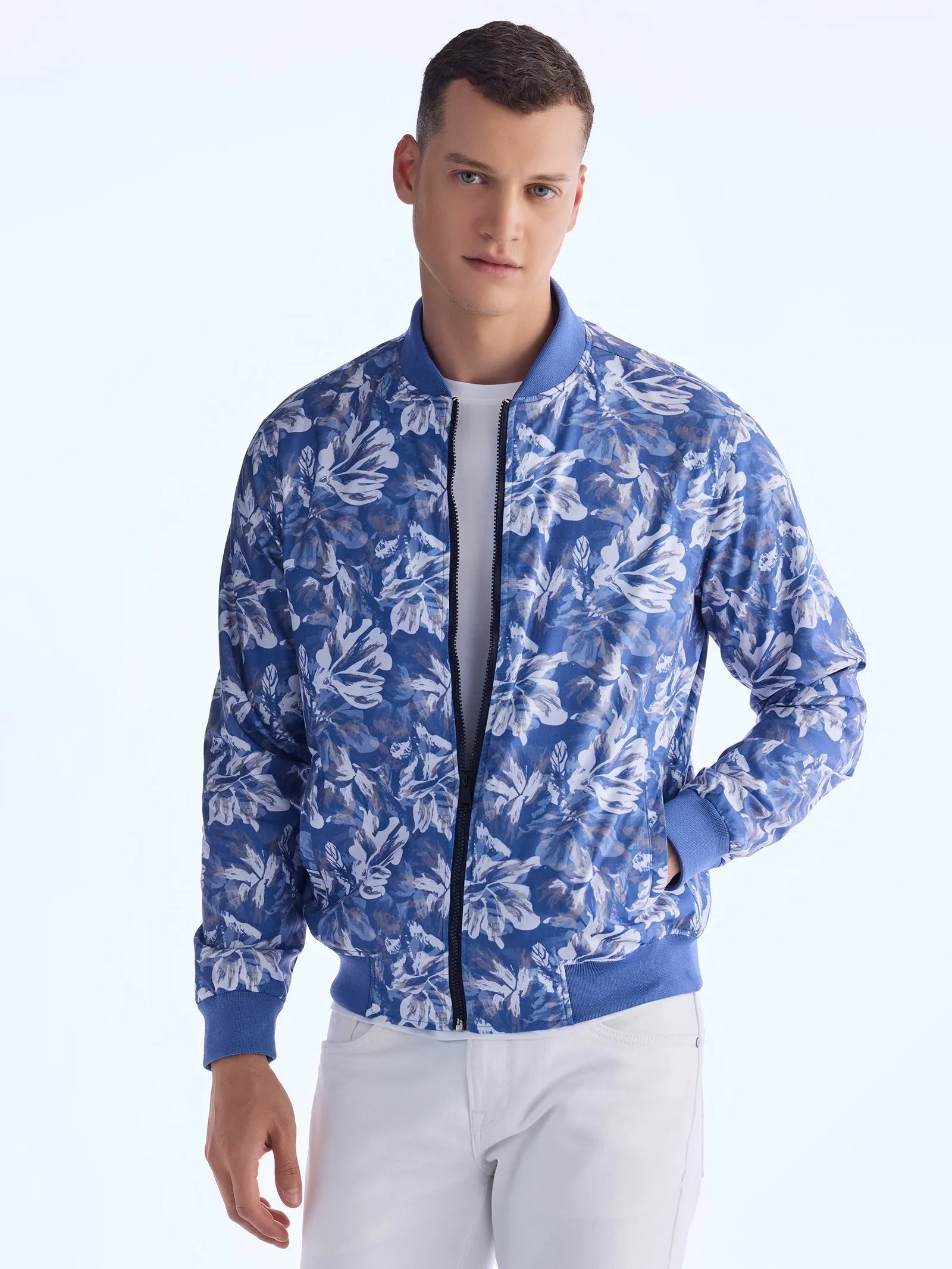 Blue Digital Printed Bomber Jacket