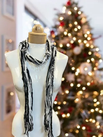 Boho Beaded Lightweight Scarf Necklace -  Black and White Scarf