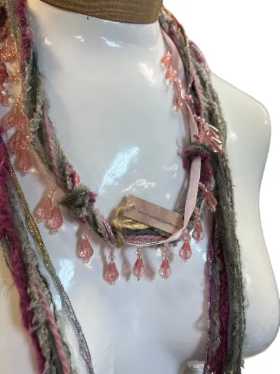 Boho Beaded Lightweight Scarf Necklace - Dark and Light Pink with Gray