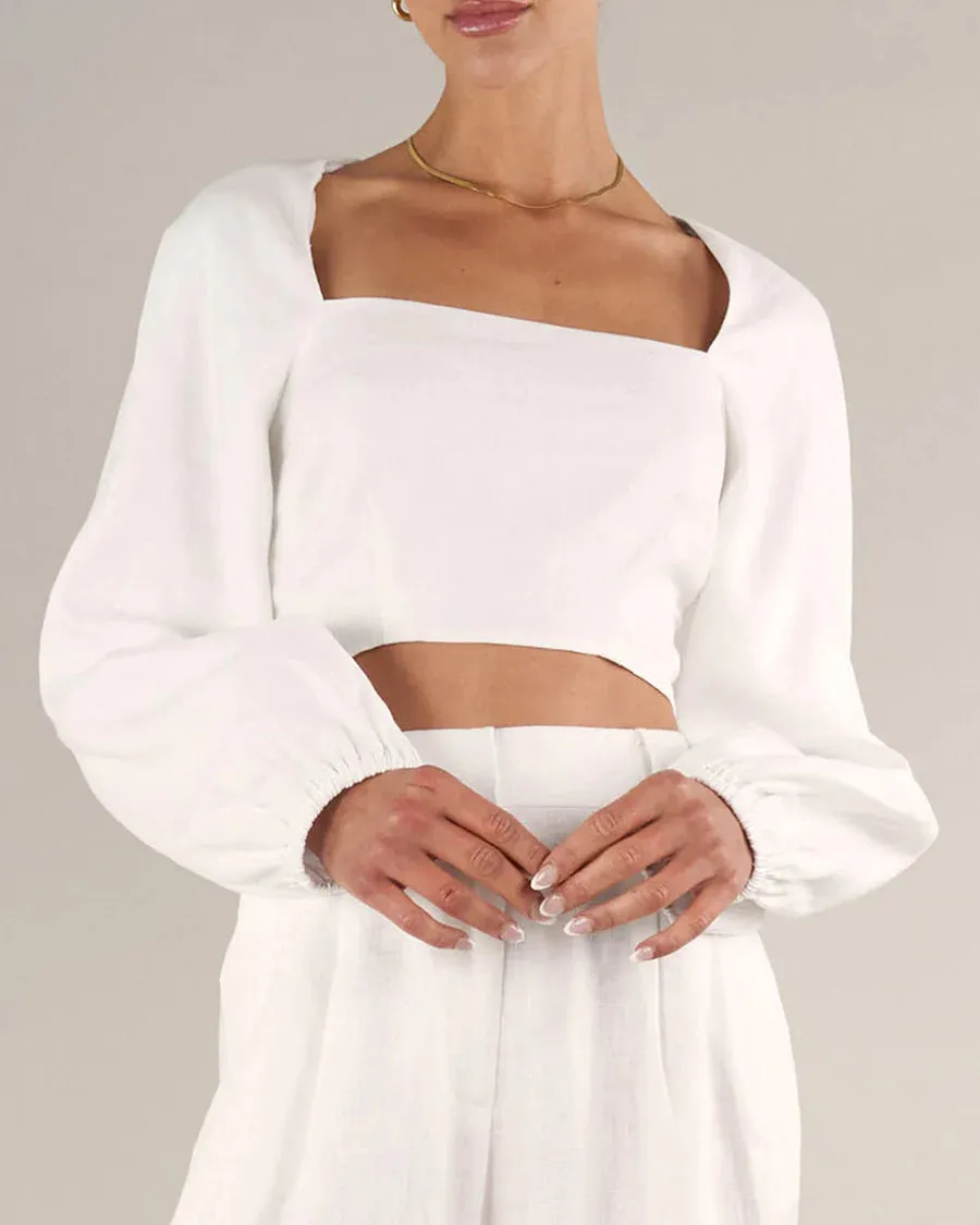 Bridgette Linen Crop Top (White)