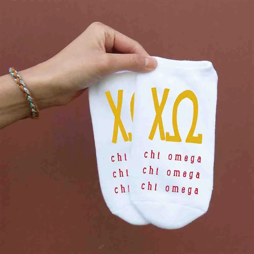 Chi Omega Sorority Socks with Large Greek Letters, Printed on No Show Socks