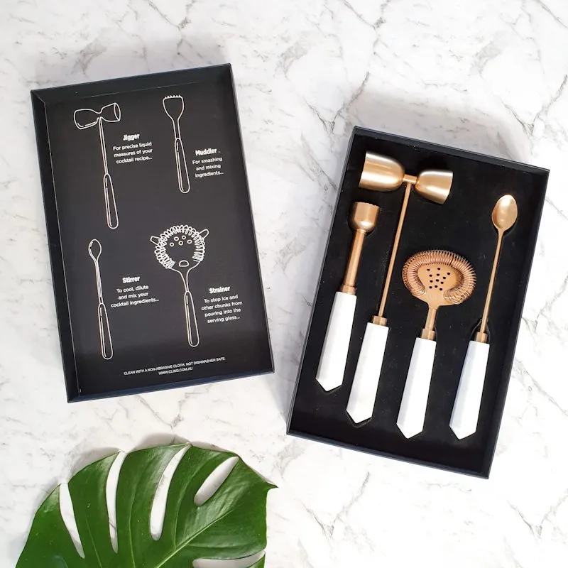 Clinq Cocktail Tool Set Matt Copper and Marble Handles.