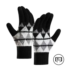 CONTRAST COLOR LOZENGE JACQUARD FLEECE THICKEN COLD-PROOF TOUCH SCREEN KNITTED GLOVES