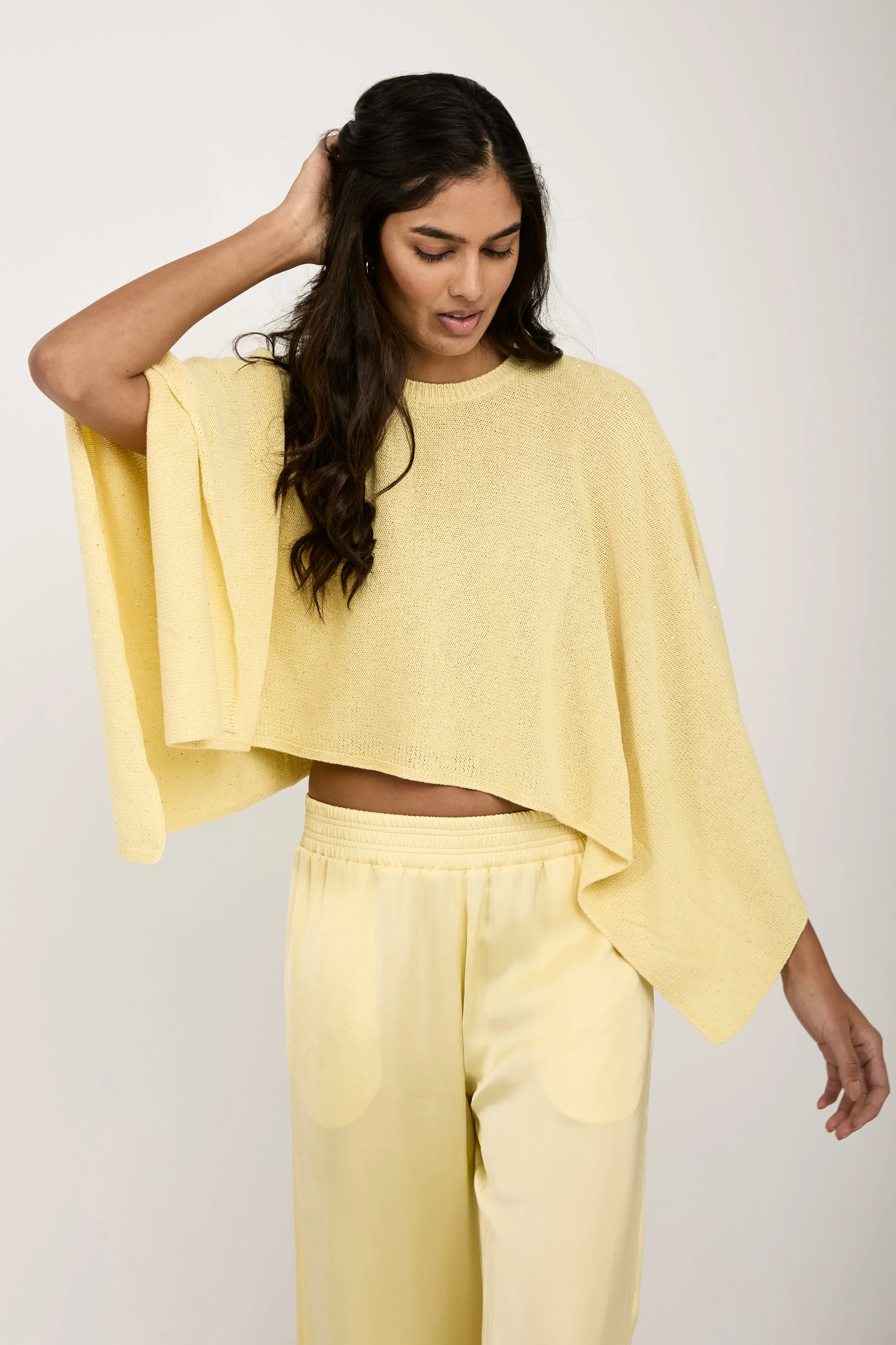 Cotton Linen Cape Sweater with Sequins in Yellow