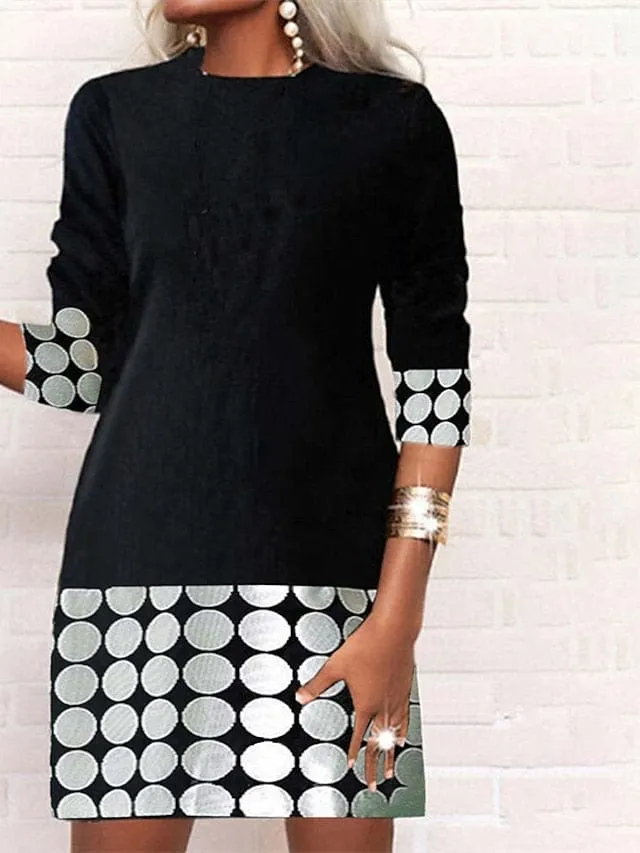 Elegant A-Line Polka Dot Shift Dress with Geometric Print and Stand Collar