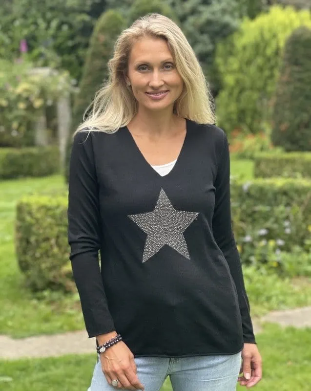 Fine Knit Star Jumper - Black