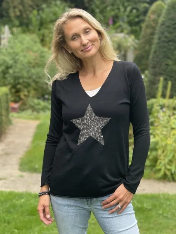 Fine Knit Star Jumper - Black