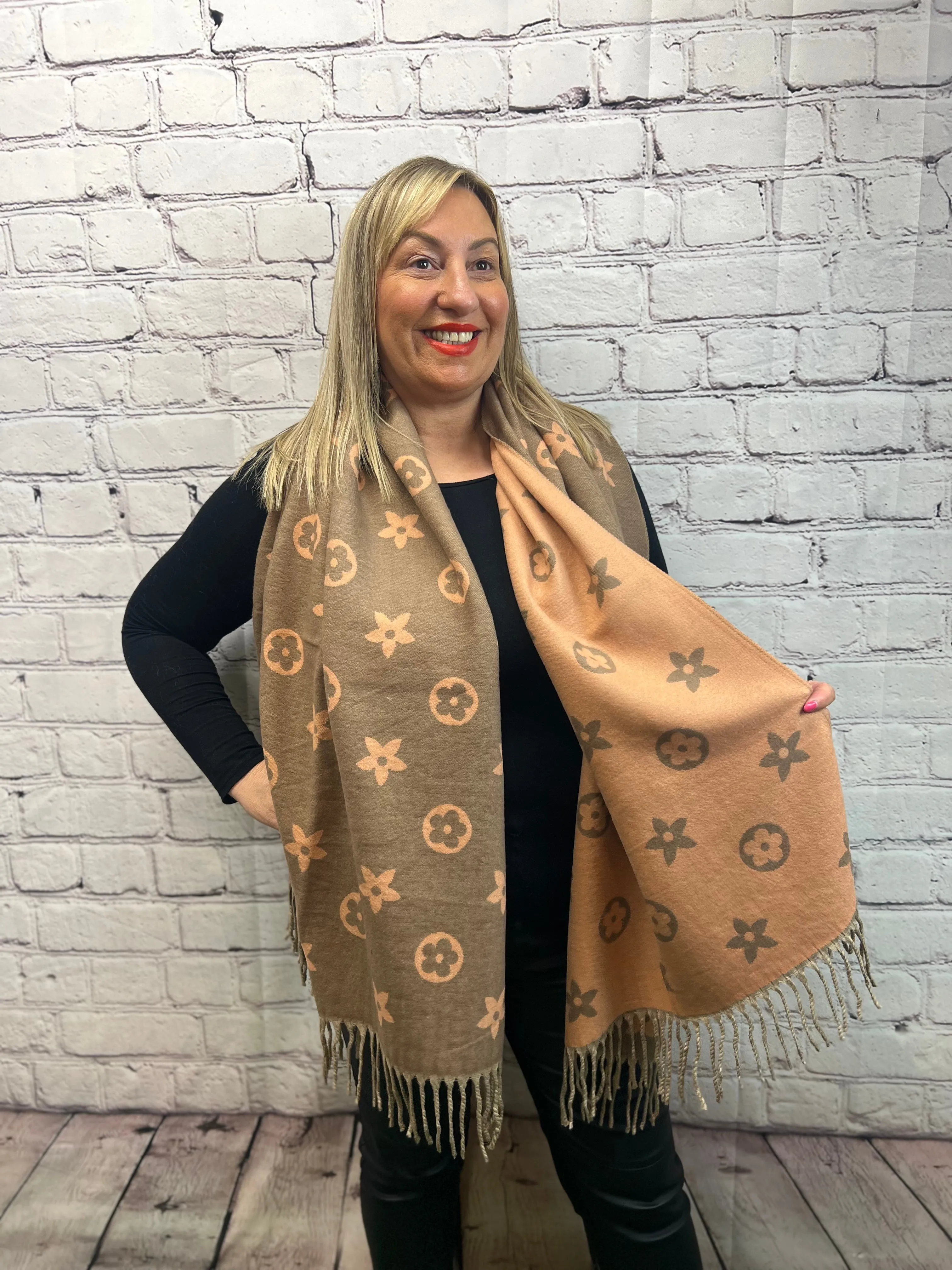 Inspired 'LV' Fringed Reversable Scarf