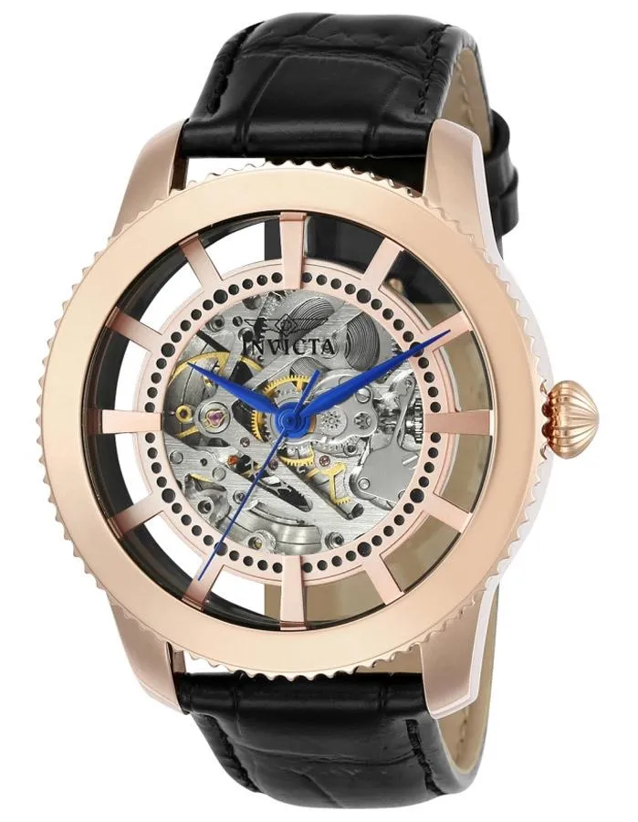 INVICTA Vintage Mens Skeleton Automatic - Rose Gold-Tone - Black Leather Strap