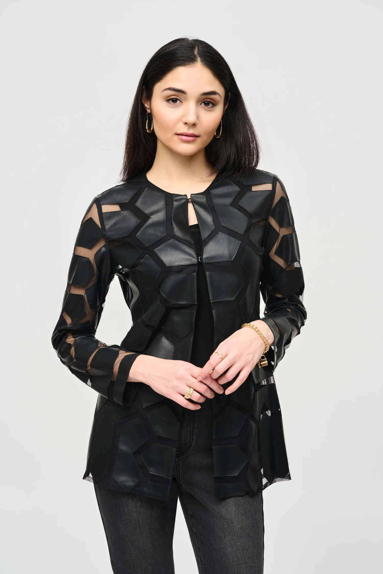 Joseph Ribkoff Laser-Cut Leatherette on Mesh Jacket - Style 241905