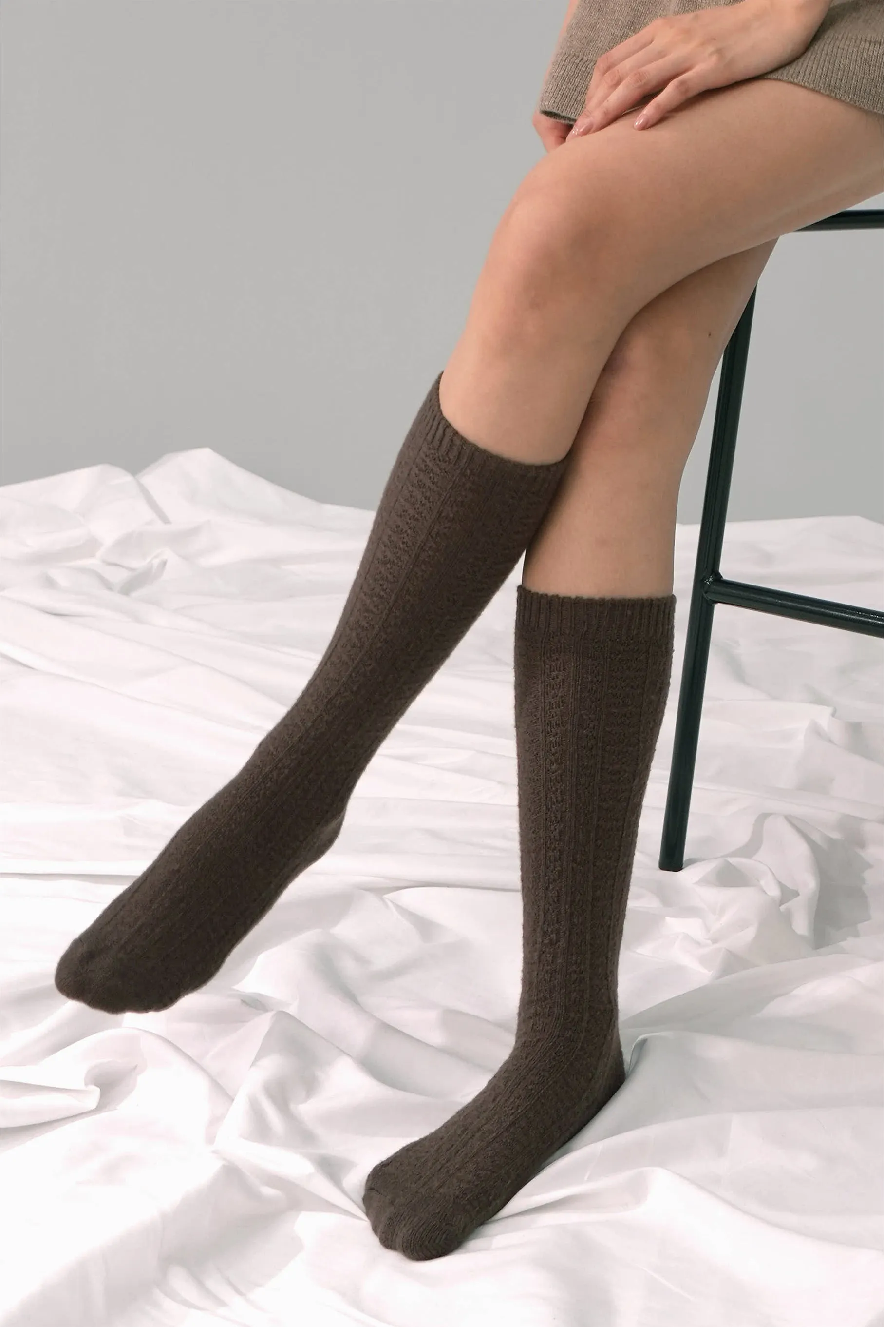 Knit Cashmere Wool Socks, Mocha Brown