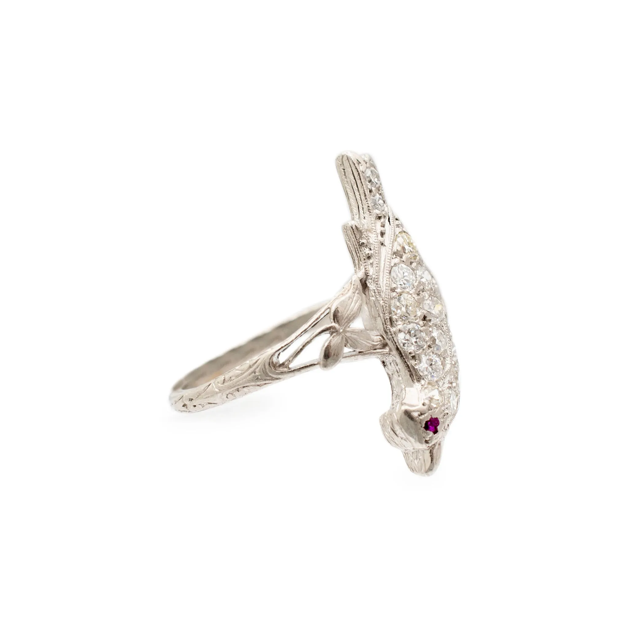 Ladies Antique Platinum Bird Diamond Ruby Cocktail Ring