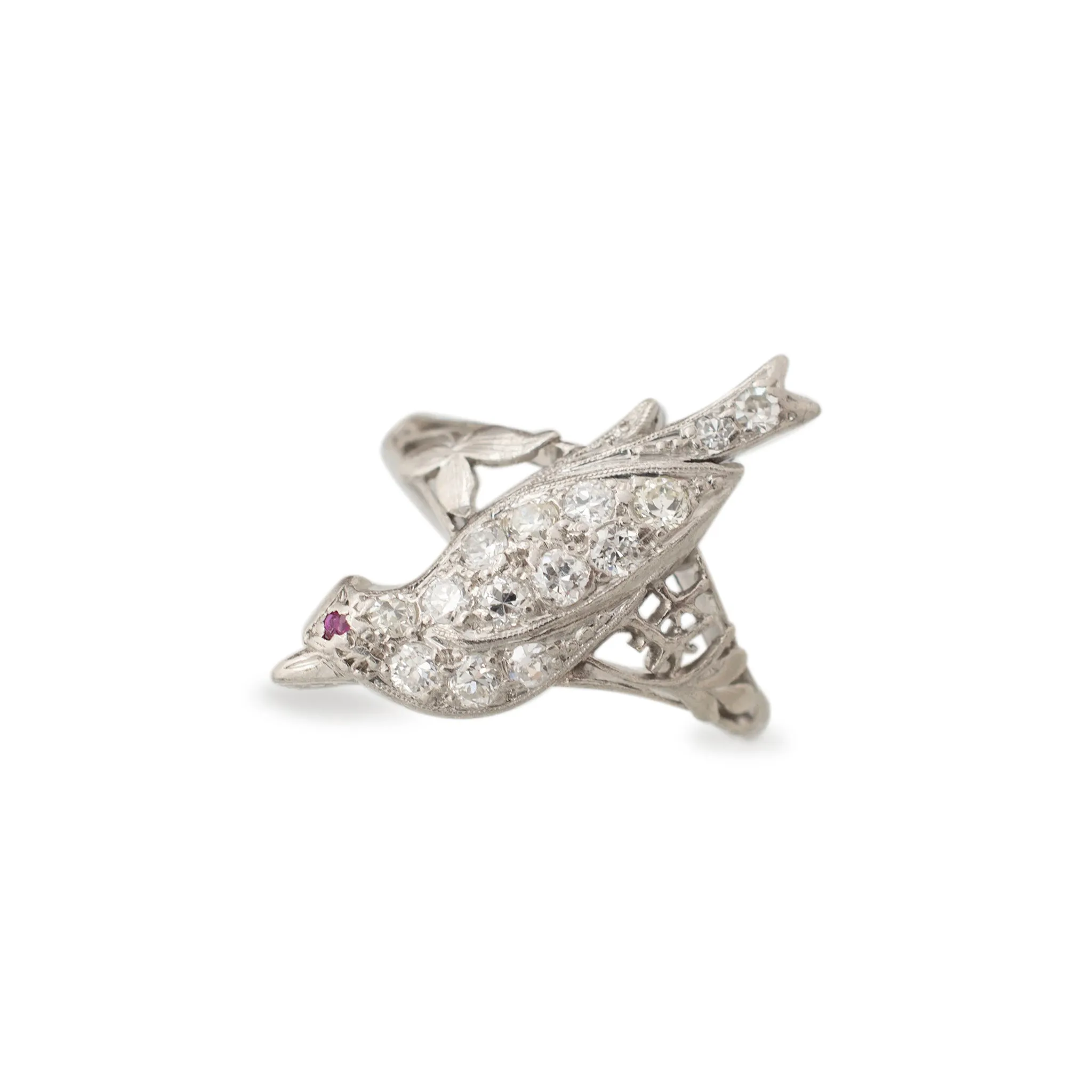 Ladies Antique Platinum Bird Diamond Ruby Cocktail Ring