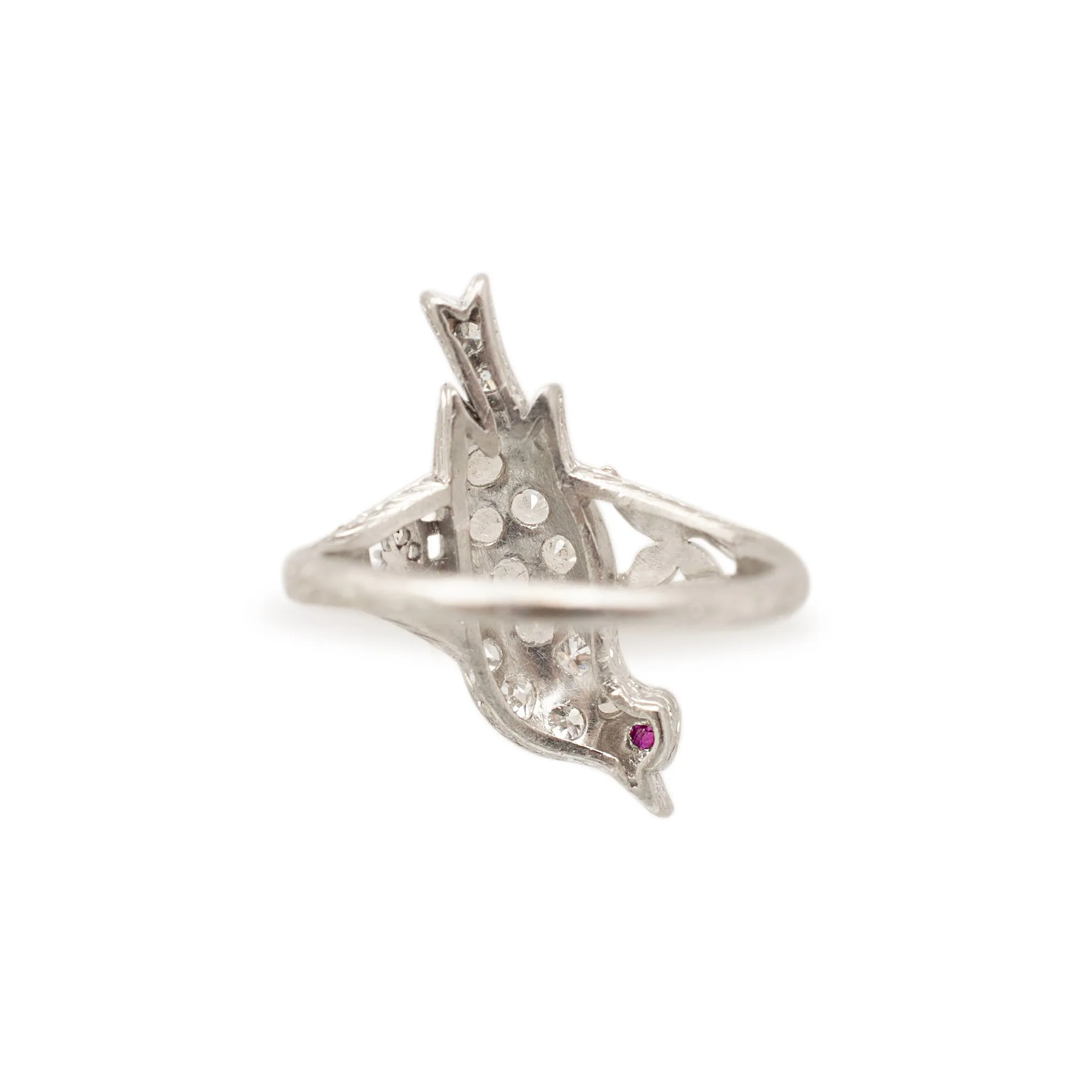 Ladies Antique Platinum Bird Diamond Ruby Cocktail Ring