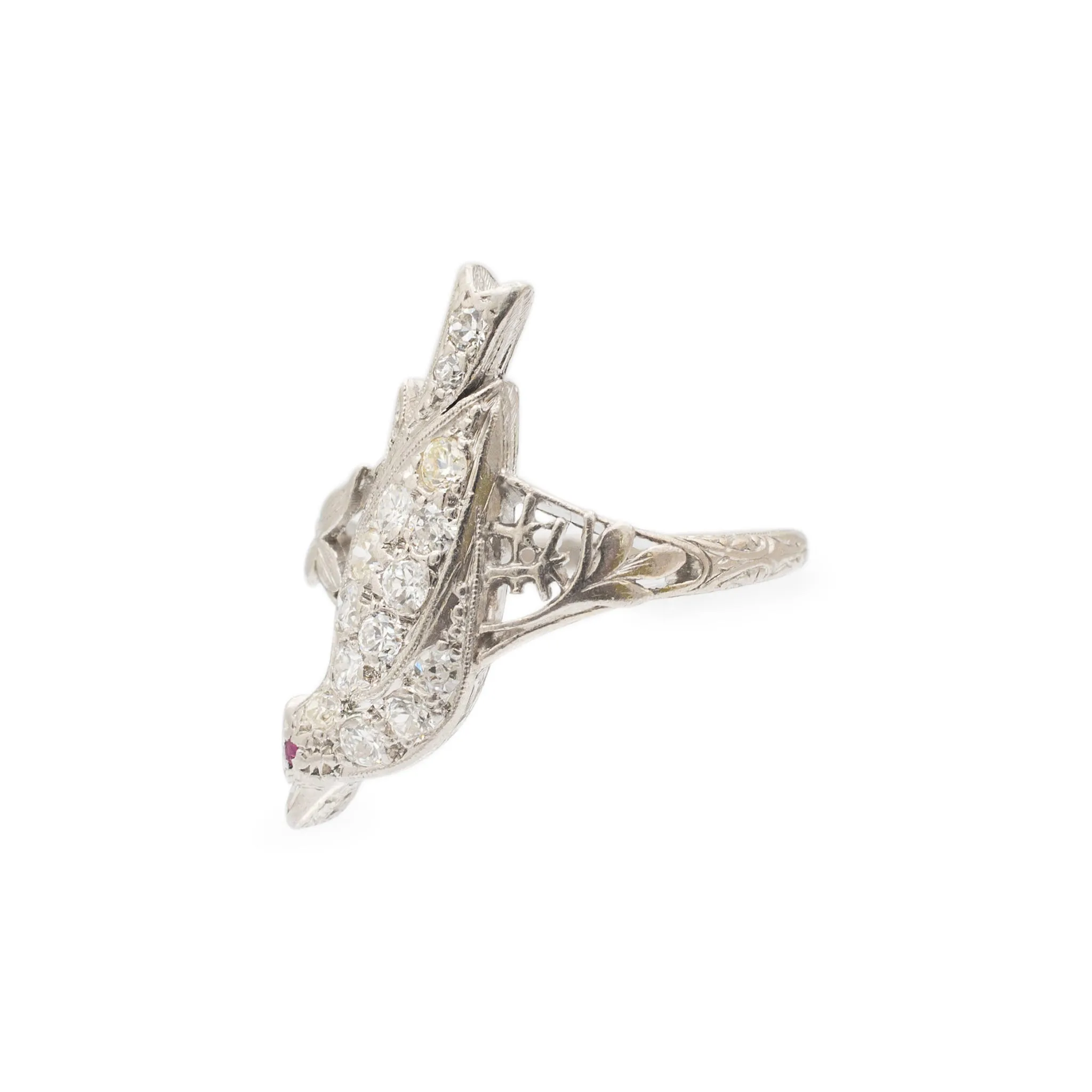 Ladies Antique Platinum Bird Diamond Ruby Cocktail Ring