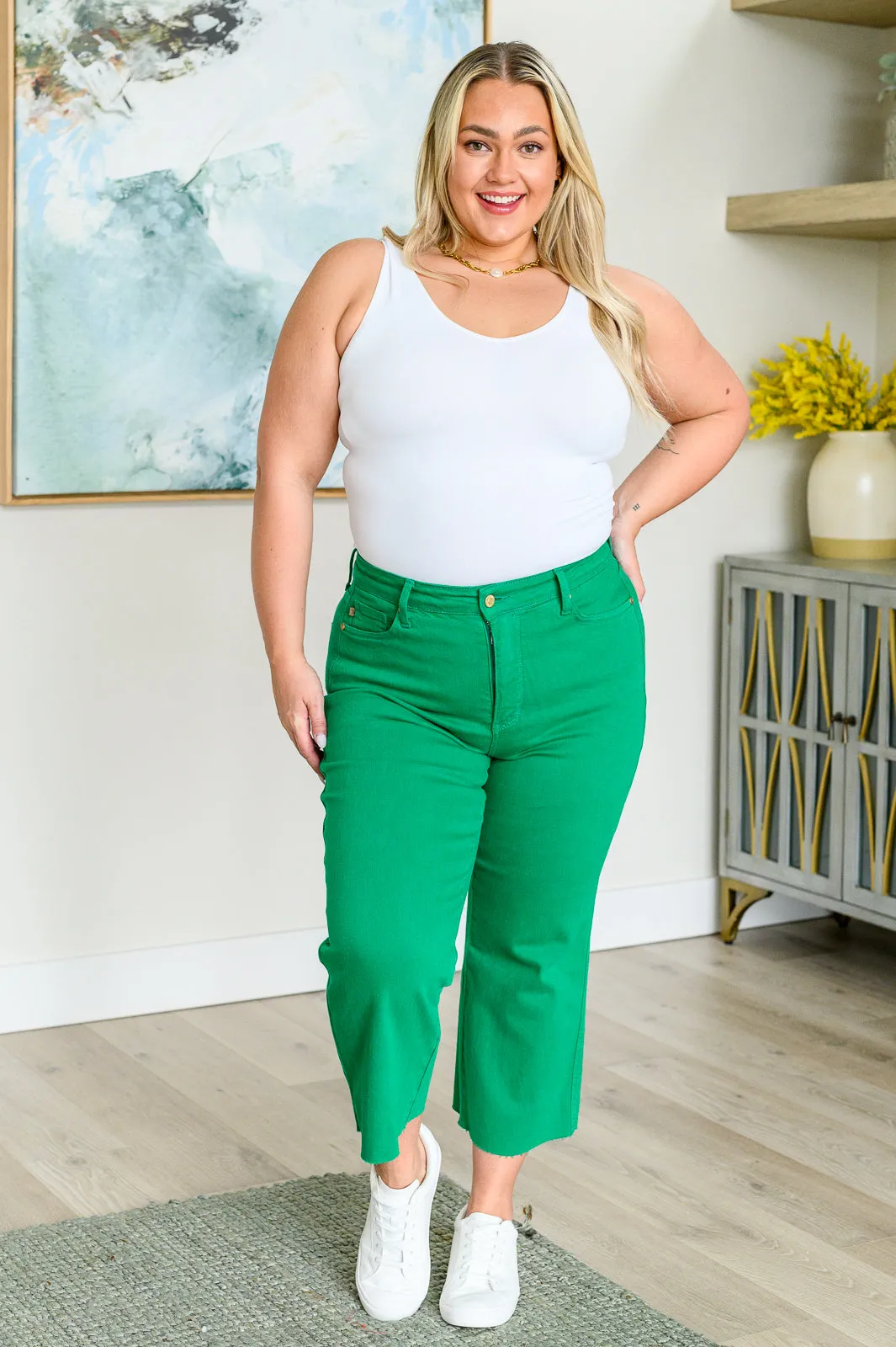 Lisa High Rise Control Top Wide Leg Crop Jeans in Kelly Green