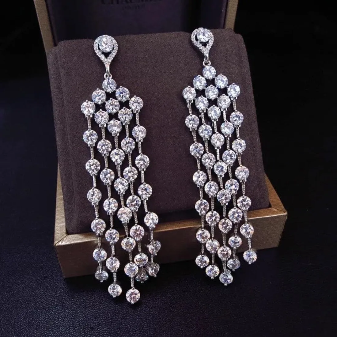 Luxury AAA Clear CZ Crystal Tassel Wedding Party Earrings