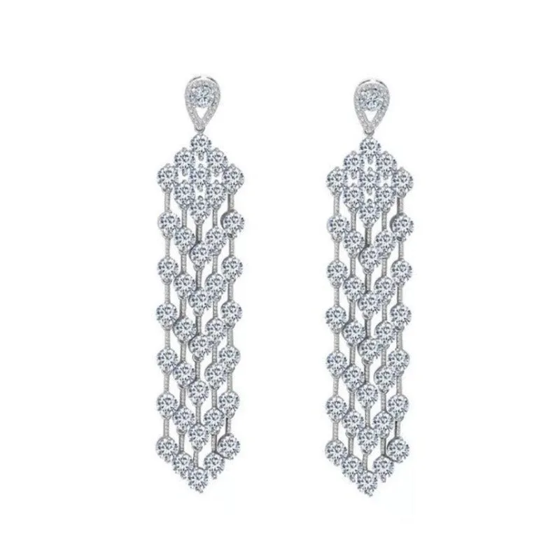 Luxury AAA Clear CZ Crystal Tassel Wedding Party Earrings