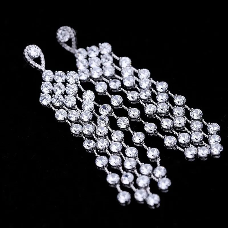 Luxury AAA Clear CZ Crystal Tassel Wedding Party Earrings