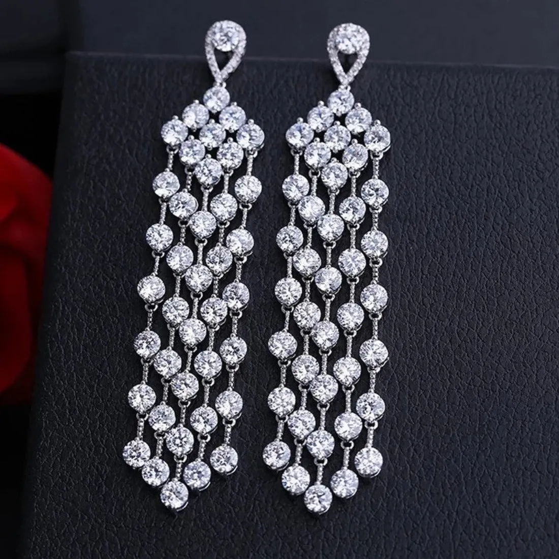 Luxury AAA Clear CZ Crystal Tassel Wedding Party Earrings