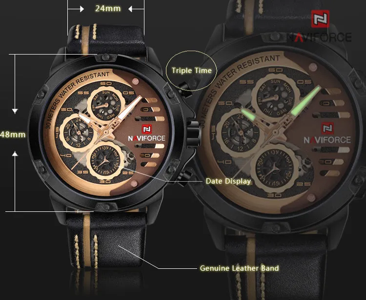 NAVIFORCE Sport Military Watches for Men Waterproof Watch Analog Quartz Leather Band Date Calendar Clock Wristwatch NF9110