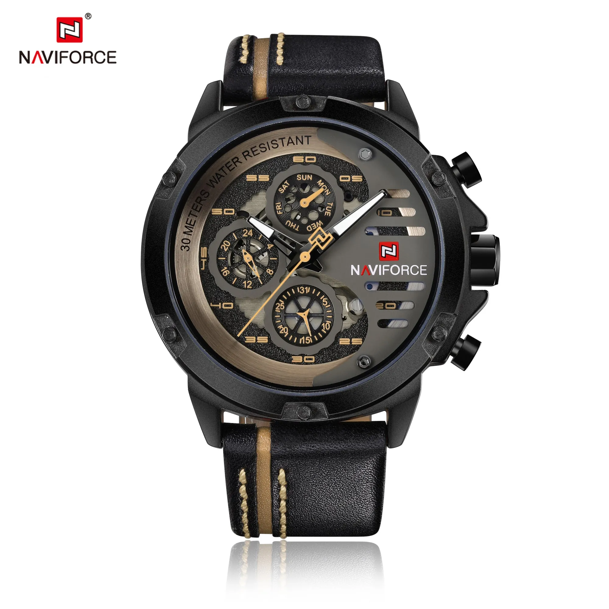 NAVIFORCE Sport Military Watches for Men Waterproof Watch Analog Quartz Leather Band Date Calendar Clock Wristwatch NF9110