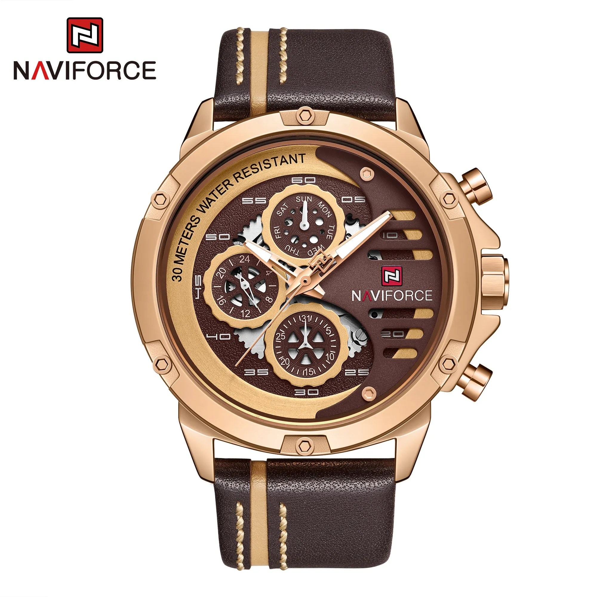 NAVIFORCE Sport Military Watches for Men Waterproof Watch Analog Quartz Leather Band Date Calendar Clock Wristwatch NF9110