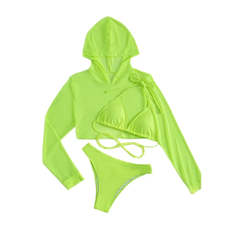 Sexy neonfarbenes 3-teiliges Bikini-Set mit Cover-Up-Hoodie-Crop-Top