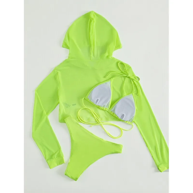 Sexy neonfarbenes 3-teiliges Bikini-Set mit Cover-Up-Hoodie-Crop-Top