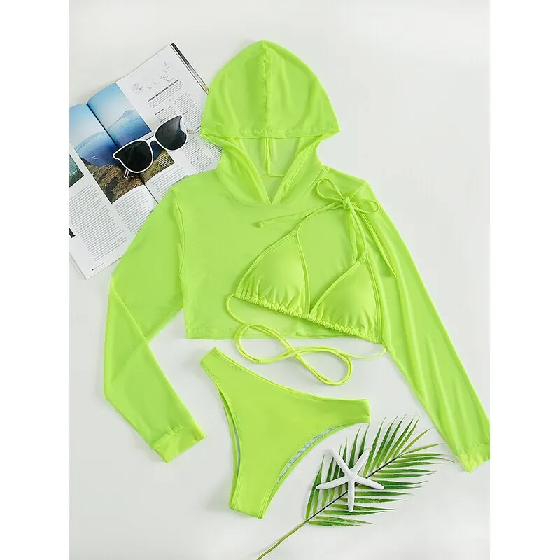 Sexy neonfarbenes 3-teiliges Bikini-Set mit Cover-Up-Hoodie-Crop-Top