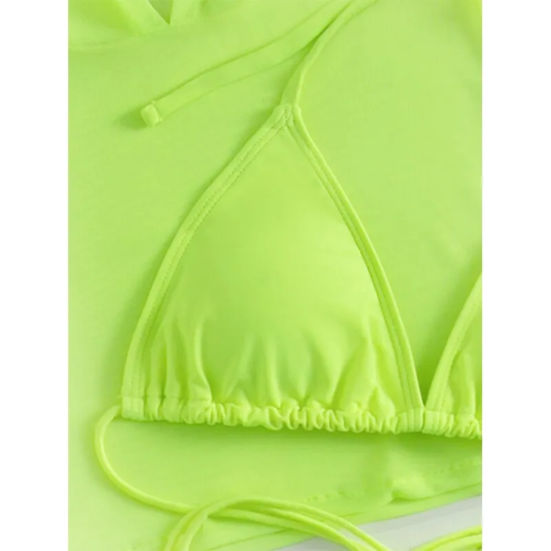 Sexy neonfarbenes 3-teiliges Bikini-Set mit Cover-Up-Hoodie-Crop-Top