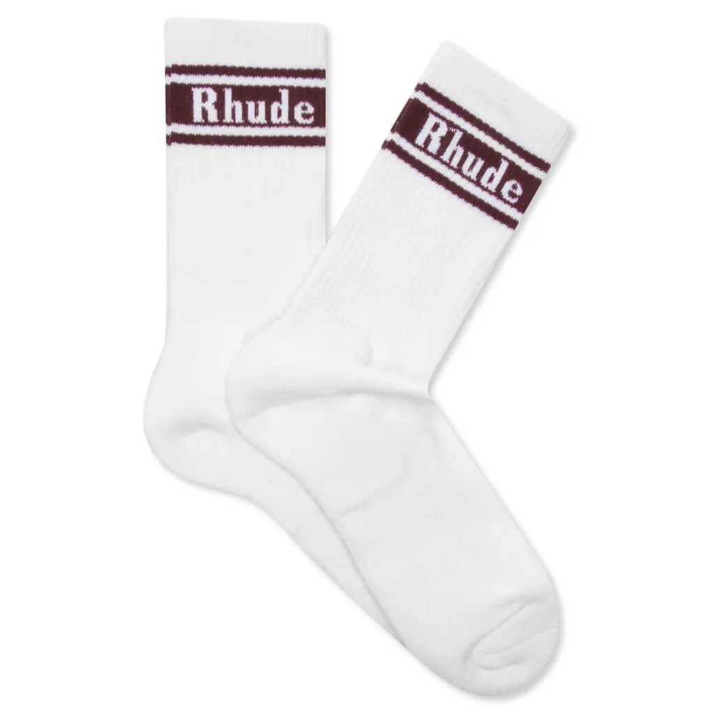 Stripe Logo Sock - White/Burgundy