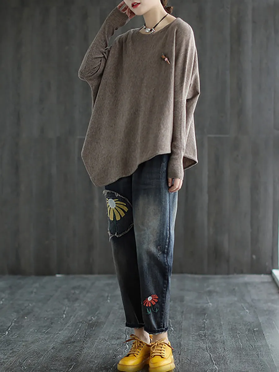 Women Solid Irregular Hem Loose Sweater