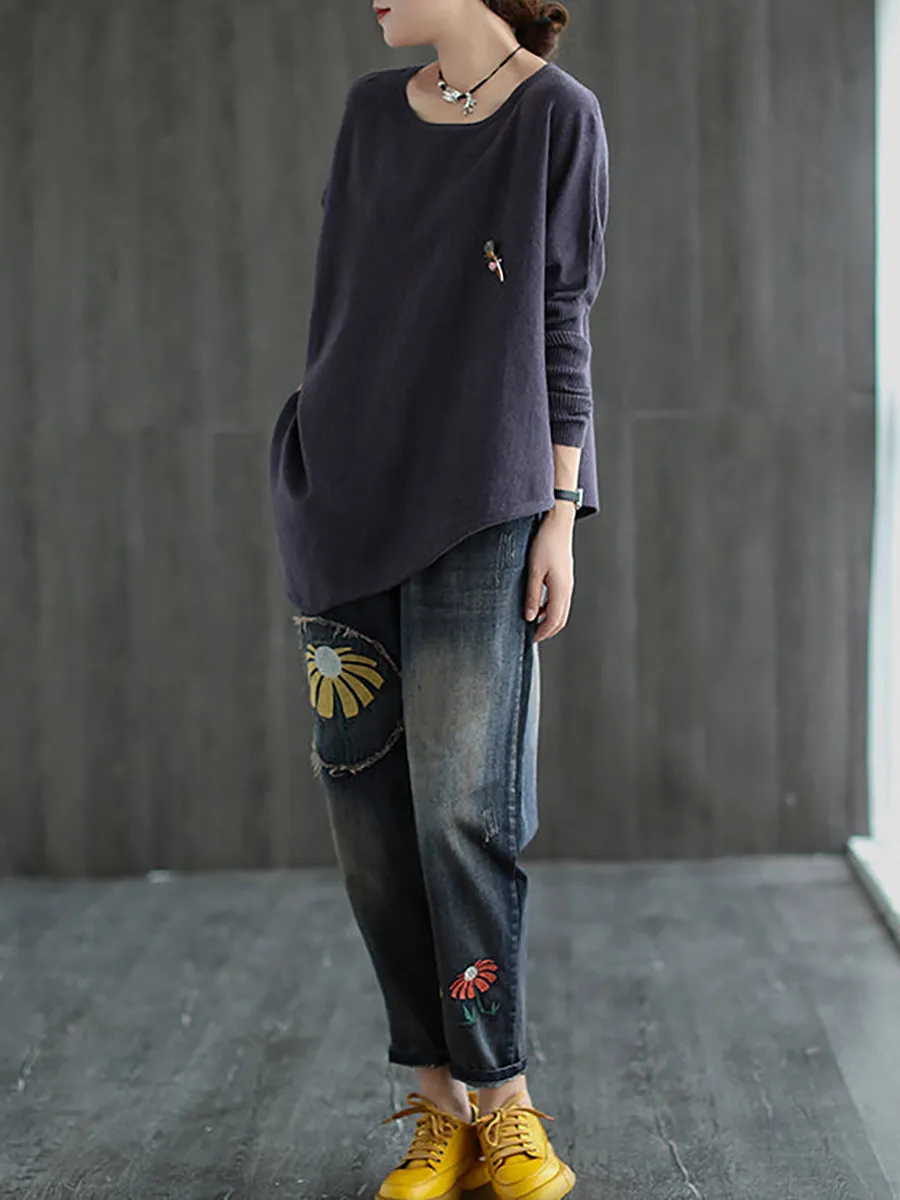 Women Solid Irregular Hem Loose Sweater